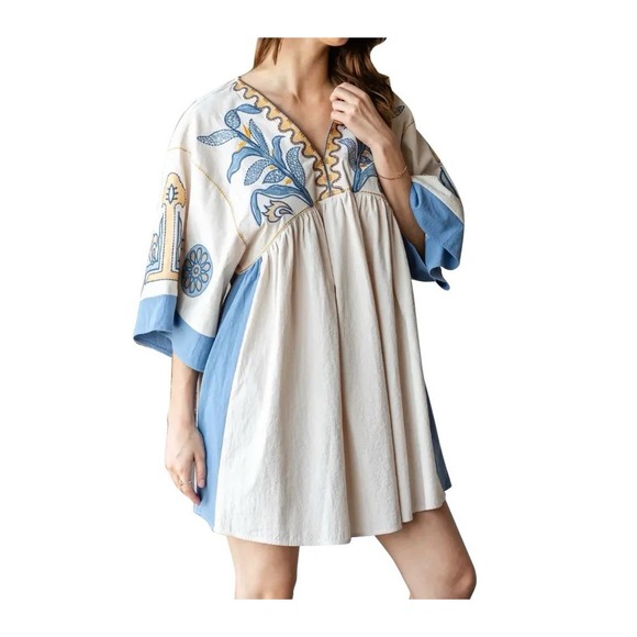 Veveret Linen Blend Babydoll Embroidered Boho Floral Patchwork Tunic Dress L - Picture 8 of 9